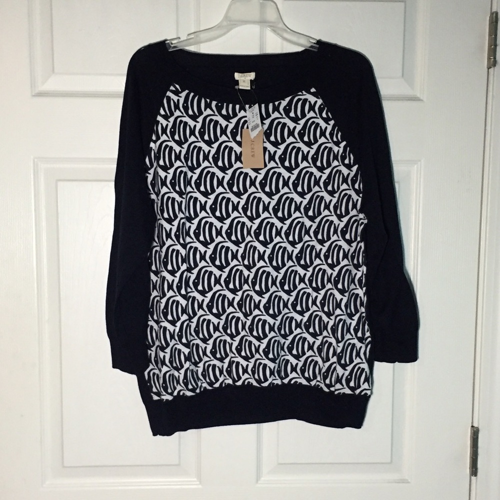 J. Crew Black and White Patterned Raglan Sweater